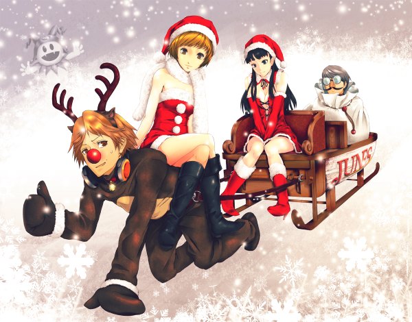 Anime picture 1200x940 with persona 4 persona satonaka chie narukami yuu jack frost (rise of the guardians) hanamura yousuke infinote long hair short hair black hair brown hair sitting multiple girls brown eyes horn (horns) black eyes orange hair multiple boys fur trim crossed legs