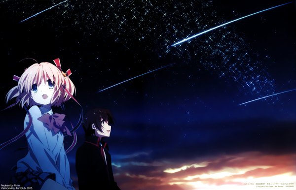 Anime picture 1500x966 with little busters! key (studio) kamikita komari naoe riki short hair open mouth blue eyes black hair smile standing sitting looking away pink hair sky cloud (clouds) wind sunlight two side up night sky looking up