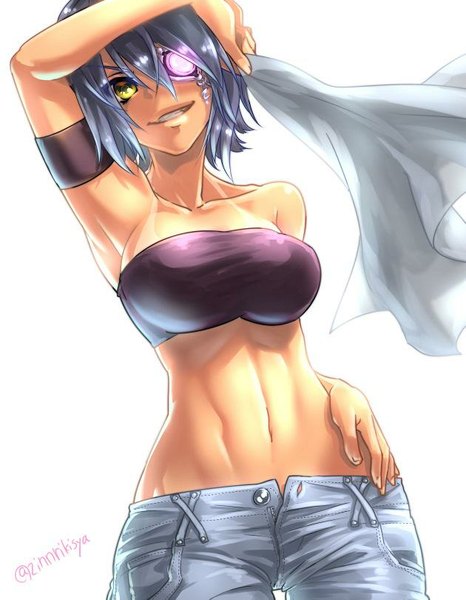 Anime picture 630x810 with kantai collection tenryuu light cruiser zinnrikisya single tall image looking at viewer fringe short hair breasts open mouth light erotic simple background smile large breasts standing white background bare shoulders signed yellow eyes purple hair