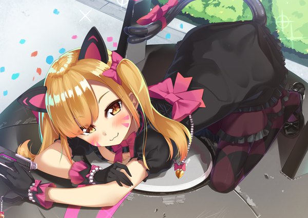 Anime picture 1684x1191 with overwatch blizzard entertainment d.va (overwatch) meka (overwatch) black cat d.va haru to neru (act partner) single long hair looking at viewer blush blonde hair twintails brown eyes animal ears full body outdoors tail animal tail from above cat ears