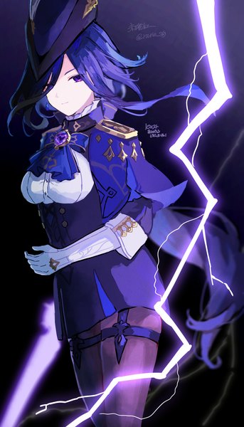 Anime picture 1700x2971 with genshin impact clorinde (genshin impact) ruria 369 single long hair tall image looking at viewer fringe breasts simple background smile standing purple eyes signed purple hair long sleeves hair over one eye twitter username black background electricity