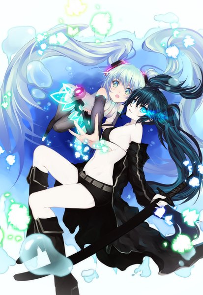 Anime picture 1500x2179 with black rock shooter vocaloid vocaloid append hatsune miku black rock shooter (character) bba1985 long hair tall image looking at viewer open mouth twintails multiple girls very long hair aqua eyes off shoulder glowing glowing eye (eyes) pale skin sheathed glow