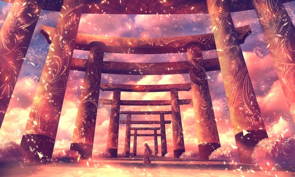 Anime picture 2000x1200 with original bounin single long hair looking at viewer highres black hair wide image sky cloud (clouds) full body outdoors traditional clothes japanese clothes scenic twilight girl petals kimono torii