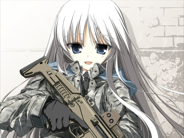 Anime picture 1920x1440 with jormungand white fox koko hekmatyar suzuri (tennenseki) single long hair looking at viewer highres open mouth white hair third-party edit brick wall girl gloves weapon jacket gun assault rifle acr 6.8