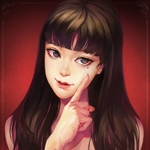 Anime picture 850x850 with tomie kawakami tomie liaa single long hair looking at viewer fringe simple background brown hair blunt bangs parted lips head tilt fingernails light smile black eyes mole mole under eye portrait long fingernails red background
