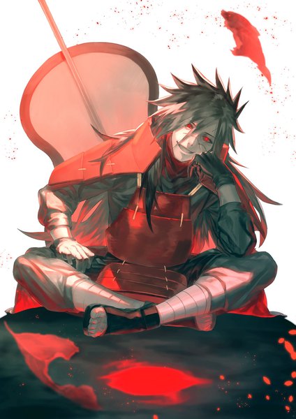 Anime picture 1448x2048 with naruto studio pierrot naruto (series) uchiha madara fasna single long hair tall image looking at viewer black hair smile red eyes white background sitting full body head rest spiked hair indian style crack boy