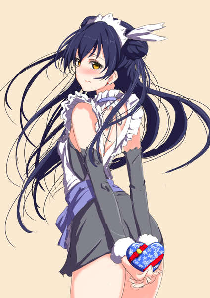 Anime picture 868x1228 with love live! school idol project sunrise (studio) love live! sonoda umi clearite single long hair tall image looking at viewer blush black hair simple background looking back maid hair bun (hair buns) orange eyes valentine girl dress detached sleeves