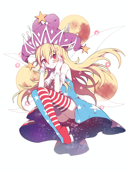 Anime picture 2041x2677 with touhou clownpiece gla single long hair tall image looking at viewer highres light erotic simple background blonde hair smile red eyes white background sitting bare shoulders full body pantyshot striped upskirt