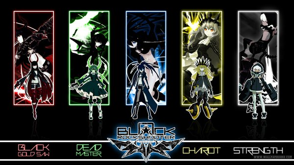 イラスト 1920x1080 と ブラック★ロックシューター black rock shooter (character) dead master ストレングス black gold saw chariot (black rock shooter) huke 長髪 highres 短い髪 開いた口 青い目 黒髪 金髪 赤い目 wide image ツインテール multiple girls 緑の目 青い髪