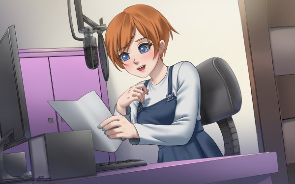 Anime picture 2400x1500 with love convention enako mawa setiawan single blush highres short hair open mouth blue eyes smile game cg long sleeves nail polish orange hair lipstick reading girl dress microphone paper