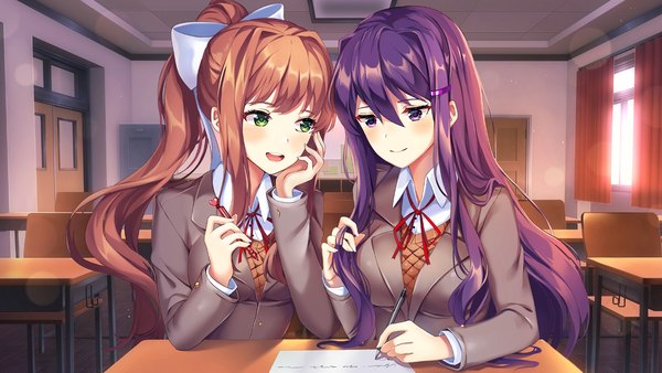 Anime picture 1280x720 with doki doki literature club monika (doki doki literature club) yuri (doki doki literature club) satchely long hair blush fringe open mouth smile hair between eyes brown hair wide image purple eyes multiple girls holding green eyes payot looking away game cg purple hair