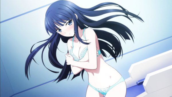 Anime-Bild 1280x725 mit mahouka koukou no rettousei shiba miyuki single long hair looking at viewer blush fringe breasts blue eyes light erotic black hair wide image standing cleavage underwear only crossed arms covering covering breasts girl navel