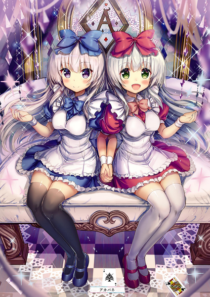 Anime picture 1451x2048 with alice or alice airi (alice or alice) rise (alice or alice) akabane (zebrasmise) long hair tall image looking at viewer blush fringe breasts open mouth smile hair between eyes large breasts sitting purple eyes multiple girls green eyes signed silver hair