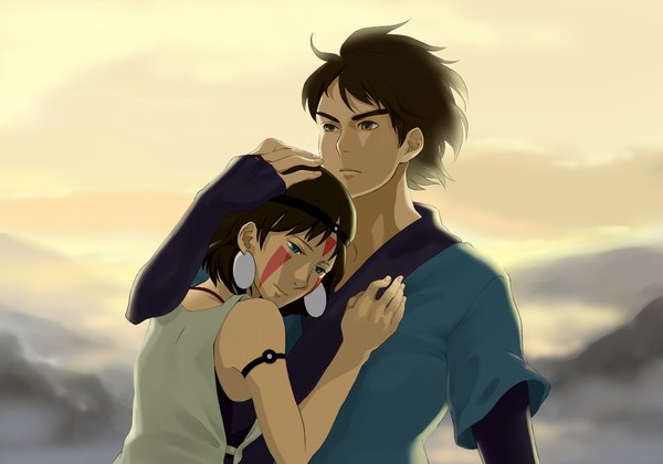 Anime picture 2000x1400 with mononoke hime studio ghibli san ashitaka arinko (artist) highres short hair blue eyes brown hair brown eyes sky cloud (clouds) hug hand on head face paint girl boy