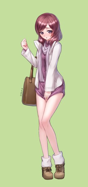 Anime picture 682x1439 with love live! school idol project sunrise (studio) love live! nishikino maki qingmingtongzi single tall image looking at viewer blush short hair purple eyes purple hair open clothes open jacket green background girl jacket boots bag