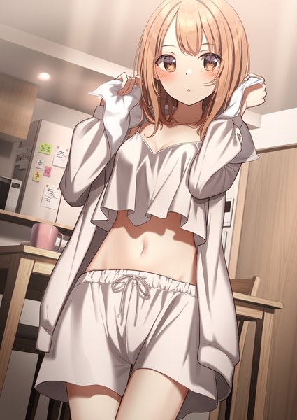Anime picture 2124x3000 with original huyunora single tall image looking at viewer blush fringe highres short hair open mouth brown hair standing holding brown eyes indoors long sleeves arms up bare belly :o girl