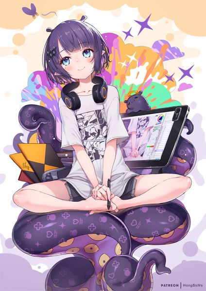 Anime picture 707x1000 with virtual youtuber hololive hololive english ninomae ina'nis takodachi (ninomae ina'nis) ninomae ina'nis (5th costume) hong (white spider) single tall image blush short hair blue eyes smile sitting looking away barefoot pointy ears bare legs official alternate costume headphones around neck