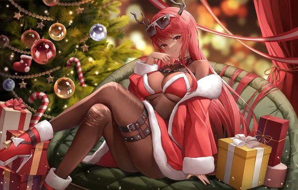 Anime picture 2355x1500 with goddess of victory: nikke volume (nikke) lunacle single long hair looking at viewer highres breasts light erotic smile red eyes large breasts sitting red hair horn (horns) high heels crossed legs christmas sunglasses on head torn pantyhose
