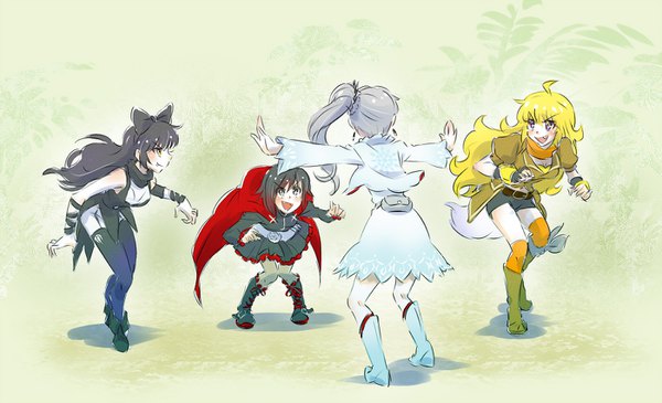Anime picture 1400x852 with rwby jurassic park jurassic world rooster teeth ruby rose weiss schnee blake belladonna yang xiao long iesupa long hair blush fringe short hair open mouth black hair blonde hair smile hair between eyes wide image standing