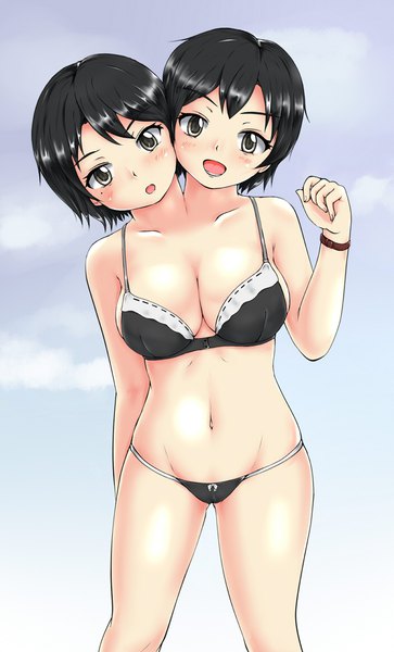Anime picture 700x1157 with original ftt tall image looking at viewer blush short hair breasts open mouth light erotic black hair simple background standing multiple girls cleavage :d black eyes mole :o mole under eye underwear only