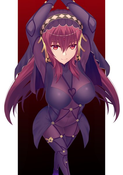 Anime picture 1500x2121 with fate (series) fate/grand order scathach (fate) (all) scathach (fate) z1npool single long hair tall image looking at viewer fringe breasts light erotic simple background smile hair between eyes red eyes large breasts payot purple hair from above