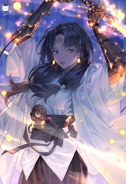 Anime picture 4884x7152 with original jung wonjo single long hair tall image looking at viewer fringe highres breasts black hair standing twintails holding signed absurdres traditional clothes parted lips japanese clothes black eyes wide sleeves