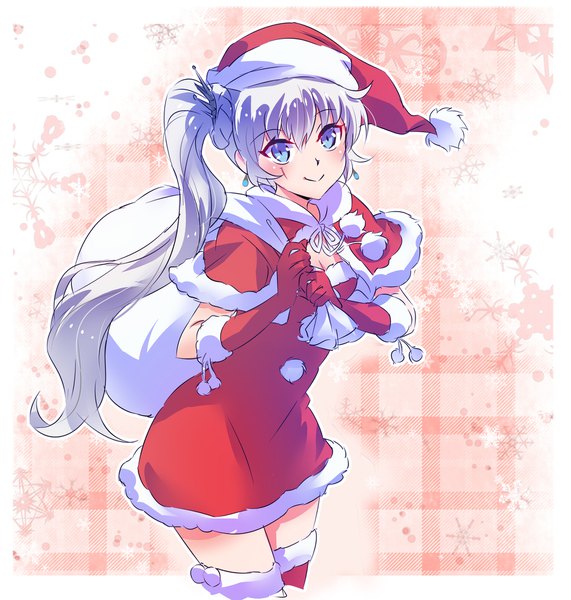 Anime picture 1800x1890 with rwby rooster teeth weiss schnee iesupa single long hair tall image looking at viewer highres blue eyes smile silver hair fur trim side ponytail christmas scar outline girl thighhighs dress