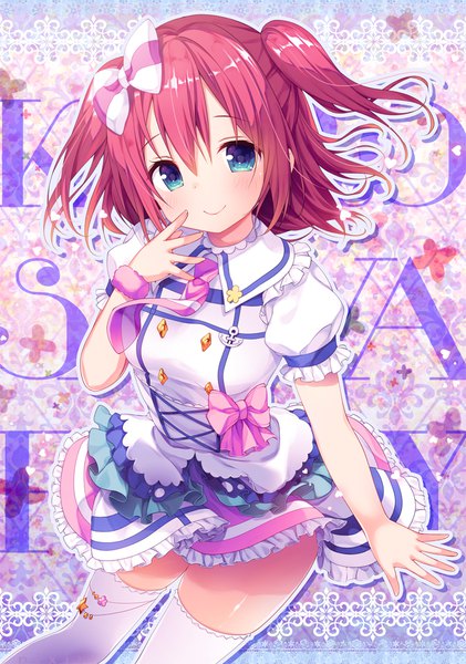 Anime picture 701x1000 with love live! sunshine!! sunrise (studio) love live! kurosawa ruby konomi (kino konomi) single tall image looking at viewer blush fringe short hair hair between eyes red hair aqua eyes light smile two side up puffy sleeves character names outline girl