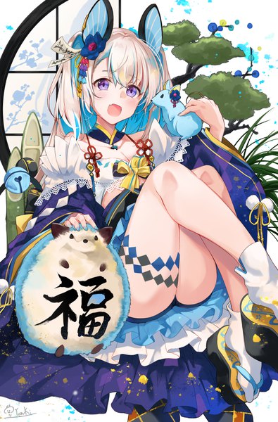Anime picture 658x1000 with original hirai yuzuki single long hair tall image looking at viewer blush breasts open mouth light erotic smile sitting purple eyes signed animal ears cleavage silver hair bent knee (knees) ass tail