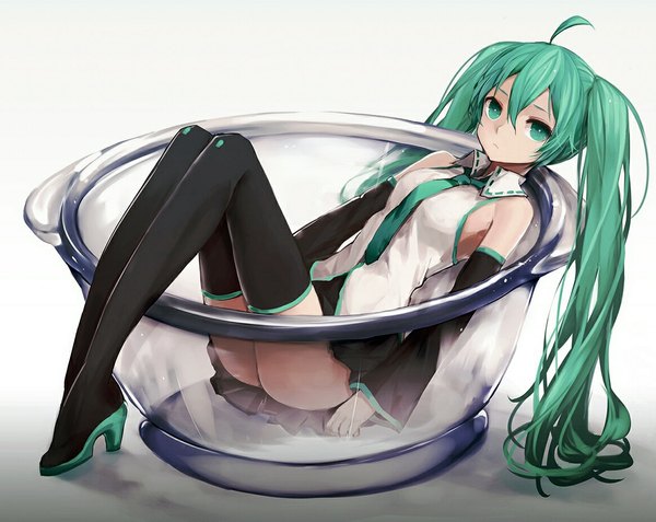 Anime picture 1162x924 with vocaloid hatsune miku zen33n single long hair looking at viewer light erotic sitting twintails bare shoulders ahoge bent knee (knees) pleated skirt aqua eyes aqua hair minigirl girl skirt detached sleeves necktie