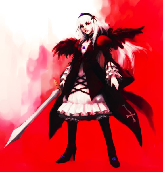 Anime picture 1600x1692 with rozen maiden suigintou hironox single long hair tall image simple background red eyes silver hair lips angel wings gothic girl dress weapon sword shoes hairband