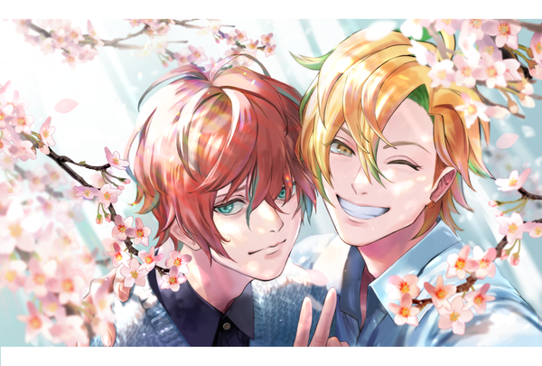 Anime picture 1734x1171 with hypnosis mic kannonzaka doppo izanami hifumi koujisako looking at viewer fringe highres short hair blonde hair smile hair between eyes yellow eyes red hair one eye closed aqua eyes wink multiple boys grin cherry blossoms victory