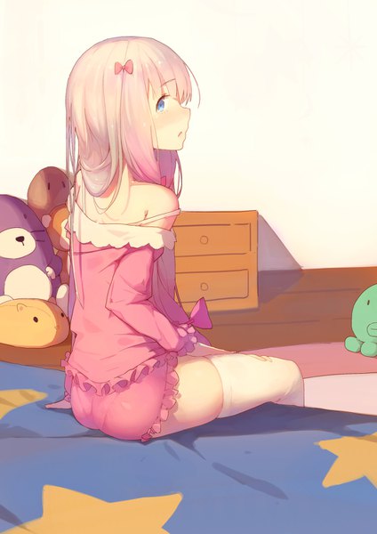 Anime picture 1060x1500 with eromanga sensei a-1 pictures izumi sagiri elpx (gu jian shaonu) single long hair tall image looking at viewer blush blue eyes light erotic sitting bare shoulders pink hair indoors long sleeves parted lips profile off shoulder zettai ryouiki