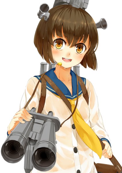 Anime picture 1074x1517 with kantai collection yukikaze destroyer nishiuri (artist) single tall image blush short hair open mouth simple background brown hair white background brown eyes wet wet clothes girl bag sailor suit binoculars