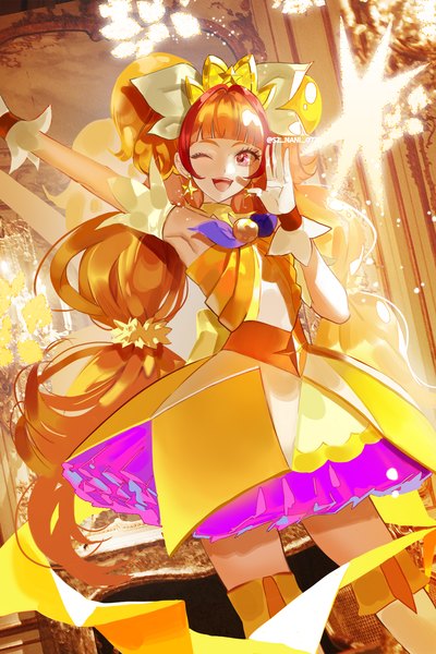 Anime picture 1200x1800 with precure go! princess precure toei animation amanogawa kirara cure twinkle nani (s2 nani) single long hair tall image open mouth standing indoors one eye closed pink eyes arm up wink orange hair ;d magical girl girl