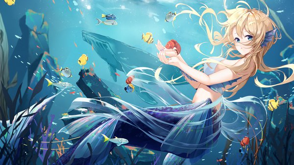 Anime picture 4406x2480 with original daidai gege single long hair looking at viewer blush fringe highres breasts open mouth blue eyes light erotic blonde hair wide image absurdres nail polish fingernails sideboob floating hair underwater