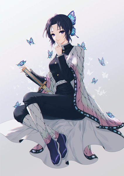 Anime picture 2480x3508 with kimetsu no yaiba ufotable kochou shinobu clearpage single tall image looking at viewer highres short hair black hair simple background sitting purple eyes payot full body traditional clothes japanese clothes light smile grey background wide sleeves