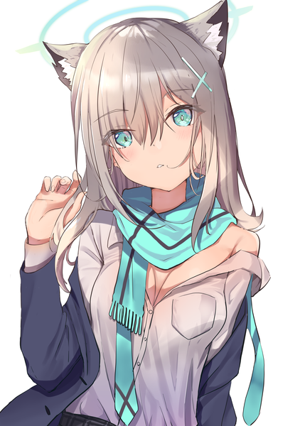 Anime picture 3000x4200 with blue archive shiroko (blue archive) mugicho (kdks5554) single long hair tall image looking at viewer fringe highres breasts light erotic simple background hair between eyes white background animal ears upper body head tilt aqua eyes grey hair off shoulder