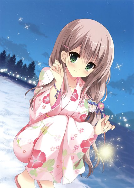 Anime picture 2494x3500 with original asakura hayate single long hair tall image looking at viewer blush highres brown hair green eyes traditional clothes japanese clothes scan night sparkle low ponytail squat girl plant (plants) tree (trees)