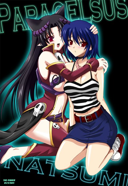 Anime picture 800x1161 with original akatsuki natsumi (original) paracelsus (original) the-sinner long hair tall image blush short hair light erotic black hair red eyes multiple girls blue hair one eye closed horn (horns) pointy ears wink hug girl skirt