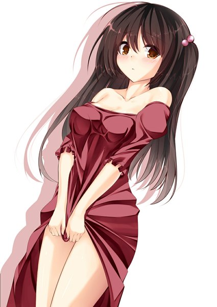 Anime picture 800x1130 with original iori (cpeilad) single long hair tall image looking at viewer blush light erotic black hair simple background white background bare shoulders brown eyes dress lift girl dress