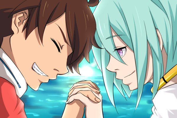 Anime picture 1500x1000 with eureka seven studio bones eureka renton thurston short hair smile brown hair purple eyes eyes closed profile aqua hair couple holding hands girl boy