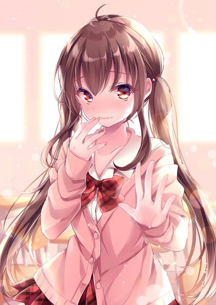 Anime picture 637x900 with original nemuri nemu single long hair tall image looking at viewer blush fringe hair between eyes red eyes brown hair twintails ahoge indoors embarrassed lens flare outstretched hand girl skirt uniform