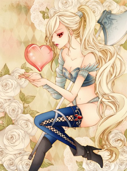 Anime picture 800x1071 with original sizh single tall image blonde hair red eyes ponytail very long hair profile wavy hair girl thighhighs flower (flowers) weapon boots heart axe