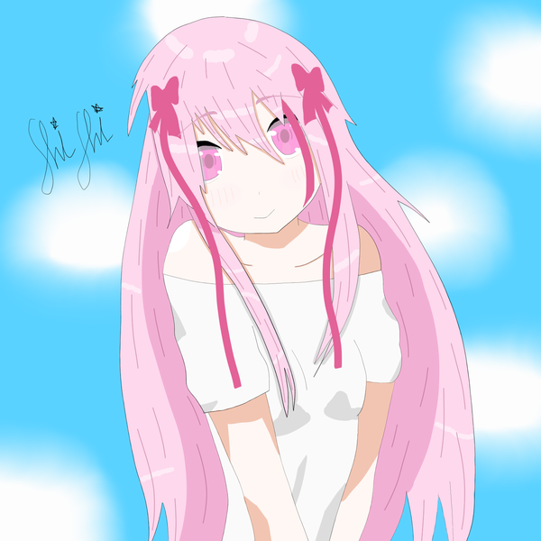 Anime picture 1500x1500 with original shishi gum single long hair looking at viewer fringe smile hair between eyes bare shoulders signed pink hair upper body head tilt pink eyes multicolored hair short sleeves streaked hair girl bow hair bow