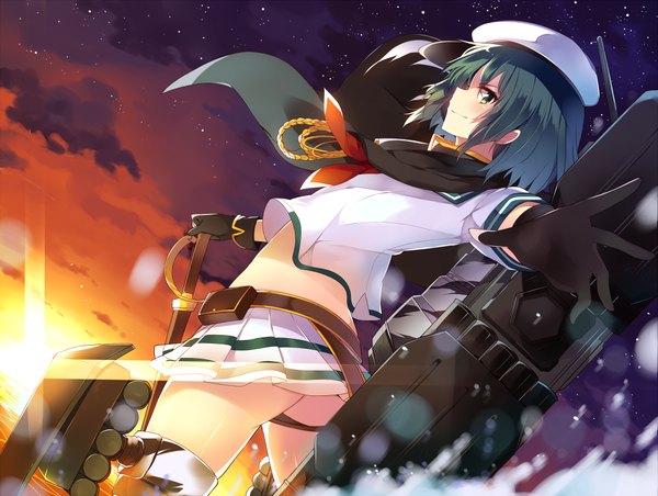 Anime picture 1000x754 with kantai collection kiso light cruiser mishima kurone single short hair light erotic smile green eyes blue hair sky cloud (clouds) profile lens flare evening sunset girl skirt gloves weapon miniskirt