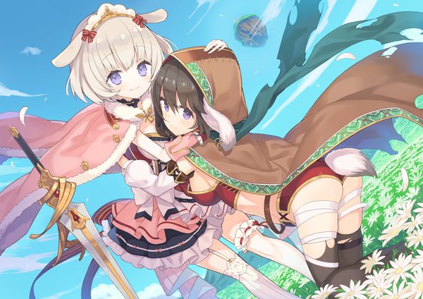 Anime picture 1500x1061 with red: pride of eden cosette (pride of eden) evelyn (pride of eden) tam-u looking at viewer short hair light erotic black hair purple eyes multiple girls animal ears sky silver hair ass tail animal tail hand on another's head floating island girl thighhighs
