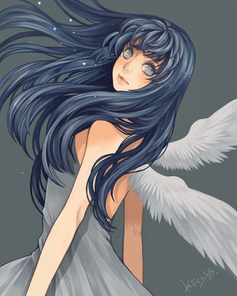 Anime picture 800x1000 with original 29kiccyo single long hair tall image blush fringe simple background signed blue hair looking back grey background grey eyes white wings girl dress wings sundress