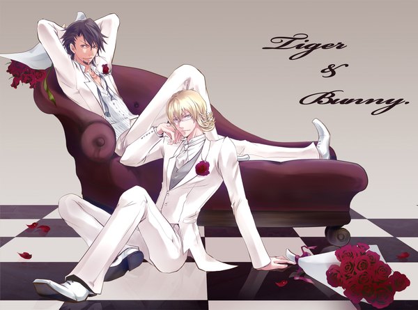 Anime picture 2193x1629 with tiger & bunny sunrise (studio) kaburagi t. kotetsu barnaby brooks jr. shihouakira koshou (pappersyousyou) highres short hair black hair blonde hair checkered floor boy flower (flowers) petals rose (roses) pants couch suit bouquet beard