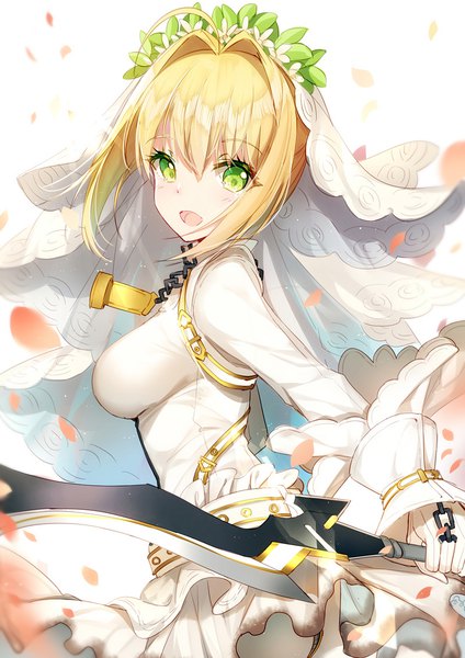 Anime picture 800x1131 with fate (series) fate/extra fate/extra ccc nero claudius (fate) (all) nero claudius (fate) nero claudius (bride) (fate) bison cangshu single tall image looking at viewer blush fringe short hair breasts open mouth blonde hair hair between eyes holding green eyes ahoge